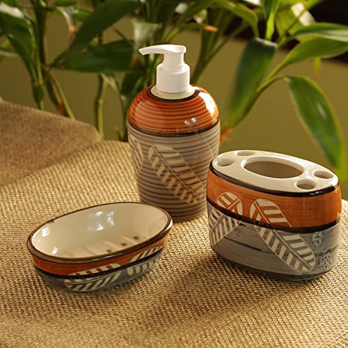 Exclusivelane Ceramic Bath Decor Bathroom Accessory Set Of 3 (Liquid Soap Dispenser, Toothbrush Holder, Soap Tray) (El-022-018),